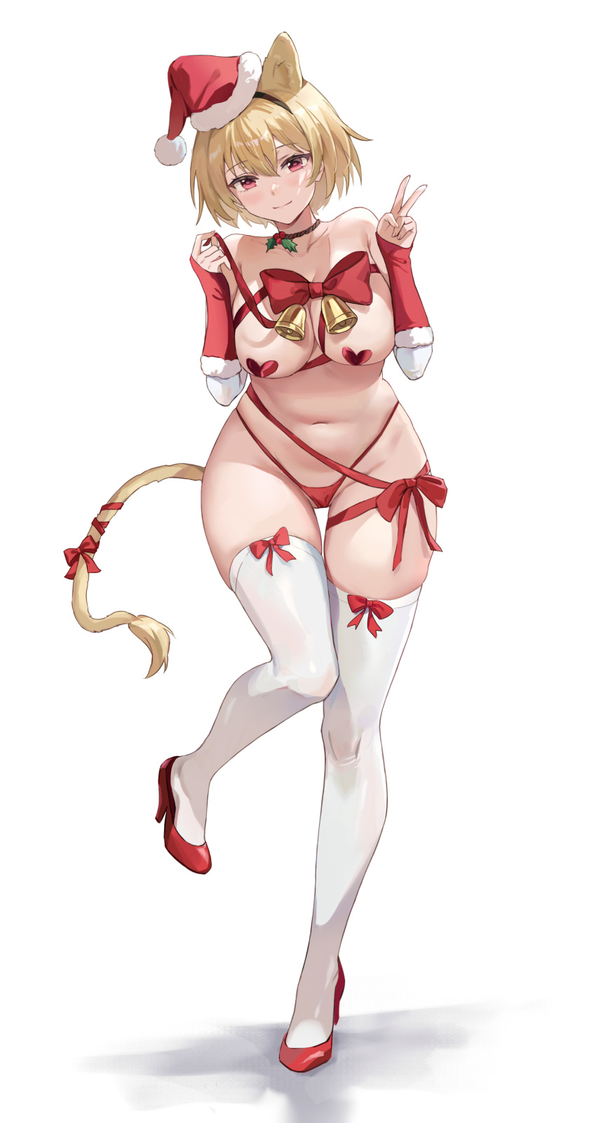 1girl absurdres animal_ears bell blonde_hair breasts christmas closed_mouth english_commentary full_body hair_between_eyes hands_up hat high_heels highres jingle_bell kuza_brs large_breasts looking_at_viewer navel original red_eyes red_footwear revealing_clothes santa_costume santa_hat short_hair simple_background smile solo standing standing_on_one_leg tail thighhighs v white_background white_thighhighs