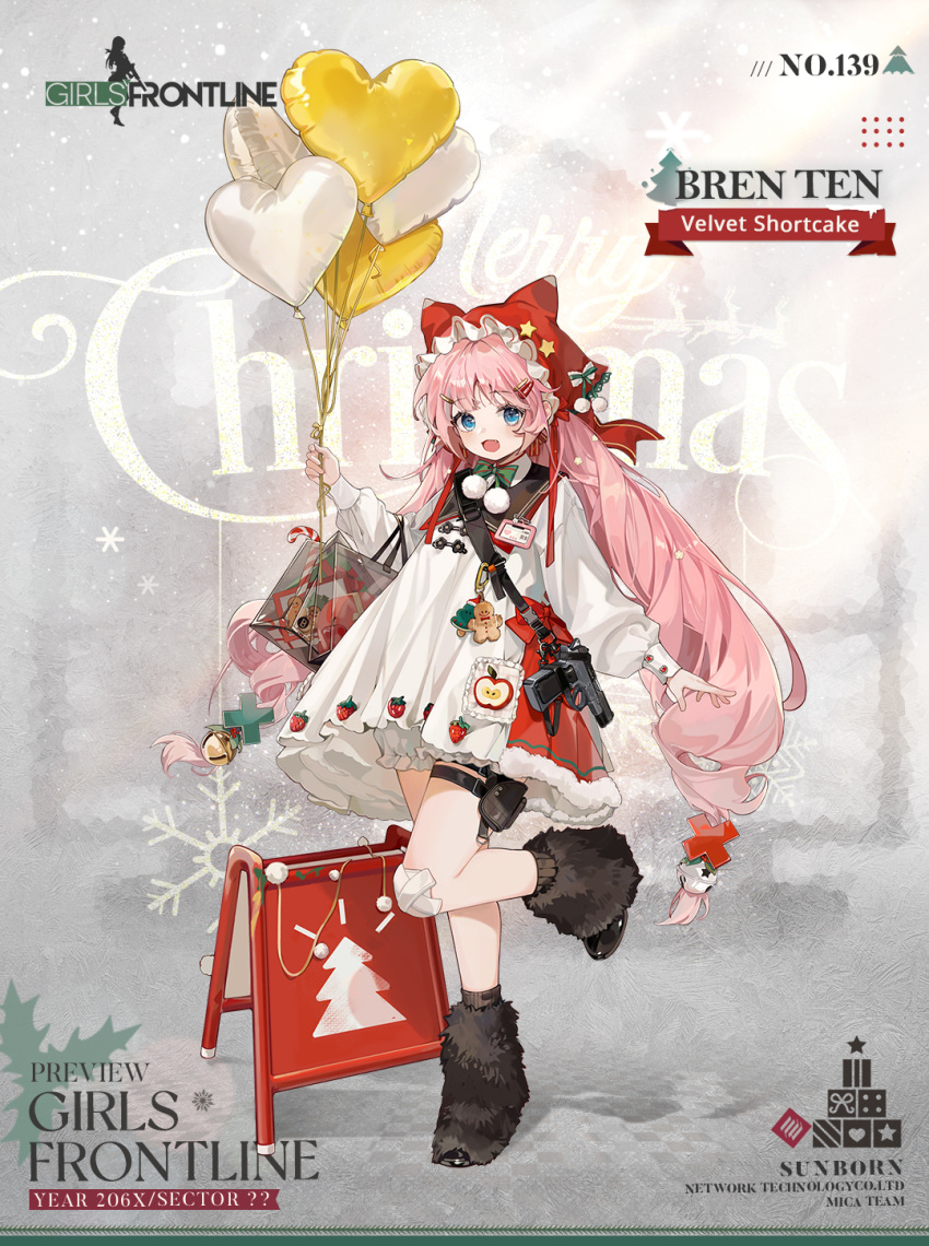 1girl apple apple_core artist_request balloon bandaid bandaid_on_knee bandaid_on_leg bell black_footwear black_sailor_collar black_socks bloomers blue_eyes blush boots bow bowtie box bren_ten bren_ten_(girls'_frontline) bren_ten_(velvet_shortcake)_(girls'_frontline) candy candy_cane character_name checkered_floor christmas christmas_tree commentary company_name copyright_name crossed_bandaids dress english_commentary english_text fang food frosted_glass fruit full_body fur_boots gift gift_box gingerbread_man girls'_frontline green_bow green_bowtie gun hair_ornament hairclip handgun heart heart_balloon highres holly holster id_card jingle_bell keychain long_hair long_sleeves looking_at_viewer merry_christmas official_alternate_costume official_art open_mouth pink_hair pom_pom_(clothes) promotional_art red_headwear sailor_collar second-party_source sign smile snap-fit_buckle snowflakes socks solo standing standing_on_one_leg star_(symbol) strawberry thigh_holster transparent_bag twintails very_long_hair weapon white_background white_bloomers white_dress x_hair_ornament