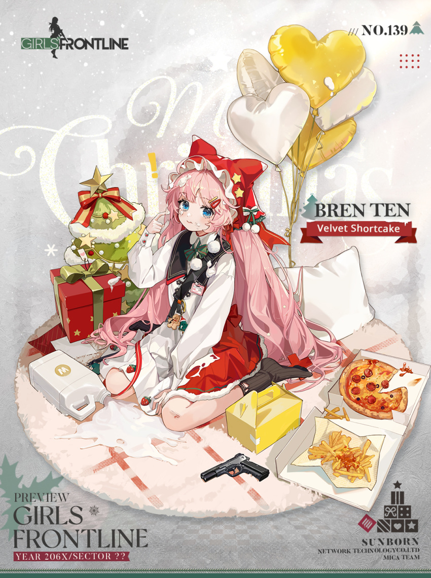 ! 1girl :t artist_request balloon between_legs black_sailor_collar black_socks blue_eyes blush bow bowtie box bren_ten bren_ten_(girls'_frontline) bren_ten_(velvet_shortcake)_(girls'_frontline) carton character_name checkered_floor christmas christmas_star christmas_tree closed_mouth commentary company_name copyright_name dress english_commentary english_text food food_on_clothes food_on_face food_on_hand french_fries frosted_glass fruit full_body gift_wrapping gingerbread_man girls'_frontline green_bow green_bowtie gun hair_ornament hairclip hand_between_legs hand_up handgun heart heart_balloon highres holly id_card keychain long_hair long_sleeves looking_at_viewer merry_christmas no_shoes official_alternate_costume official_art pepperoni pillow pink_hair pizza pizza_box pom_pom_(clothes) promotional_art red_headwear rug sailor_collar scraped_knee second-party_source sitting smile snap-fit_buckle snowflakes socks solo spill star_(symbol) strawberry takeout_container torn_clothes torn_dress torn_socks twintails very_long_hair wariza weapon whipped_cream white_background white_dress x_hair_ornament