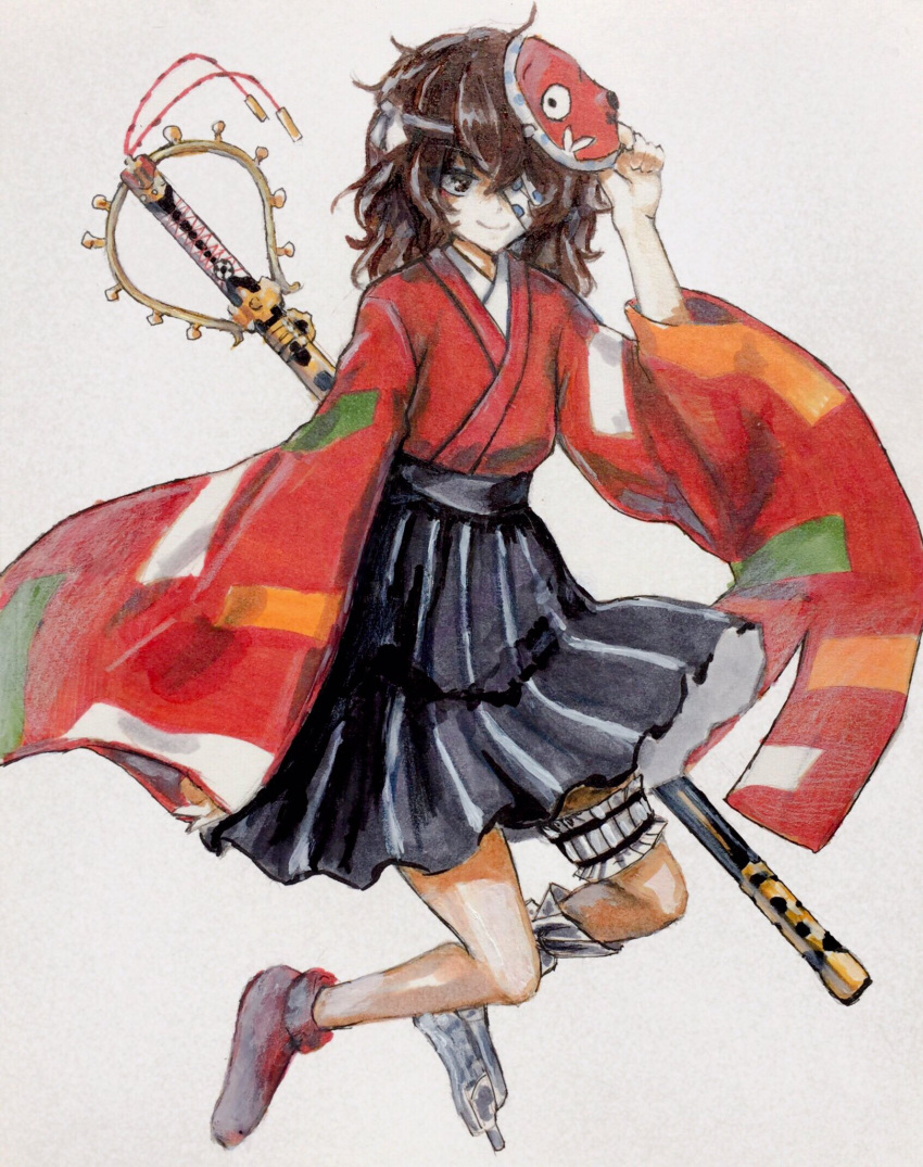 1other ametsukana_yago androgynous bandage_over_one_eye black_hakama brown_eyes brown_hair closed_mouth colored_pencil_(medium) commentary_request crossed_bangs hakama hakama_skirt hand_on_mask hemo_(hemoroda) highres hyottoko_mask japanese_clothes kimono len'en long_sleeves mask mask_on_head medium_hair other_focus red_kimono simple_background skirt smile solo traditional_media wavy_hair white_background wide_sleeves