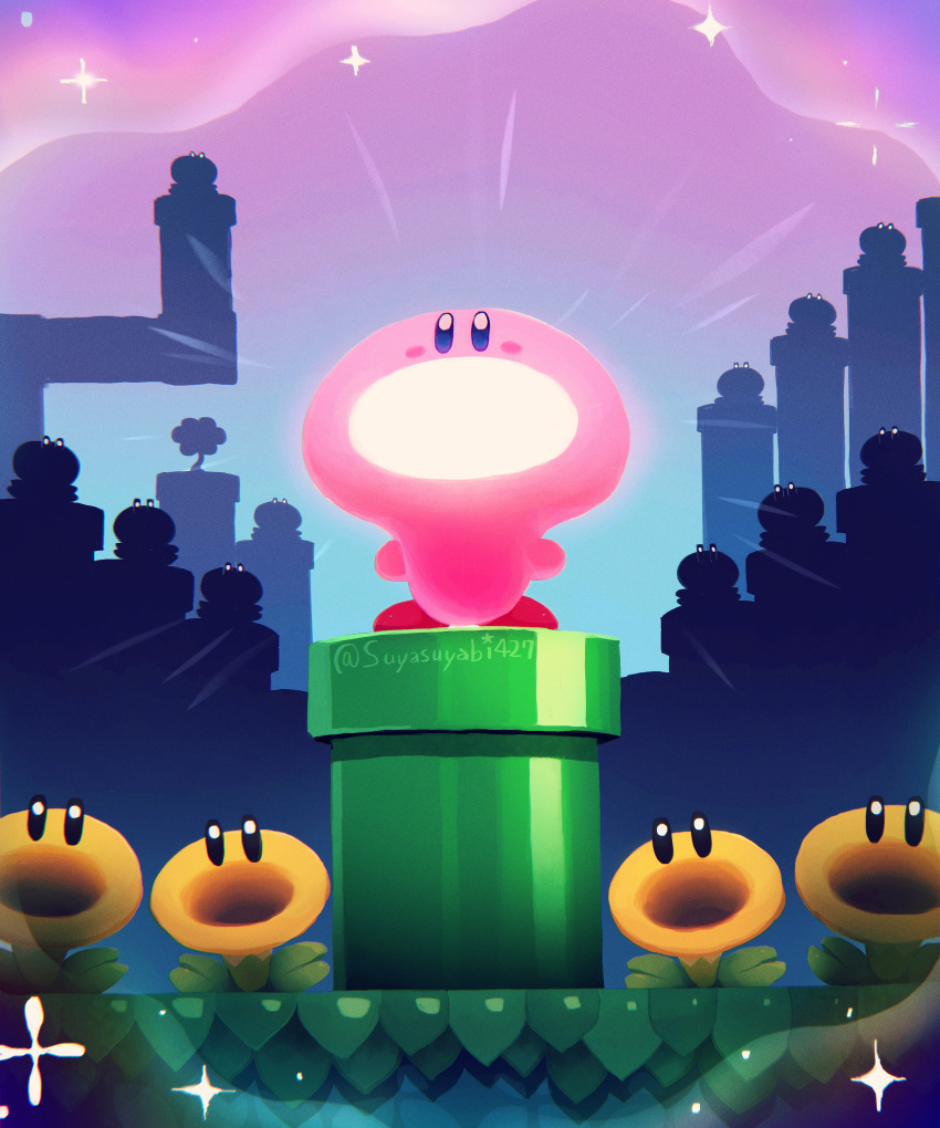 absurdres artist_name blue_eyes blush blush_stickers commentary_request crossover flower flowey_(undertale) grass highres kirby kirby_(series) kirby_and_the_forgotten_land light-bulb_mouth light_bulb mario_(series) mouthful_mode no_humans outdoors purple_sky silhouette sky sparkle standing super_mario_bros._wonder suyasuyabi talking_flower_(mario) twitter_username undertale warp_pipe when_you_see_it