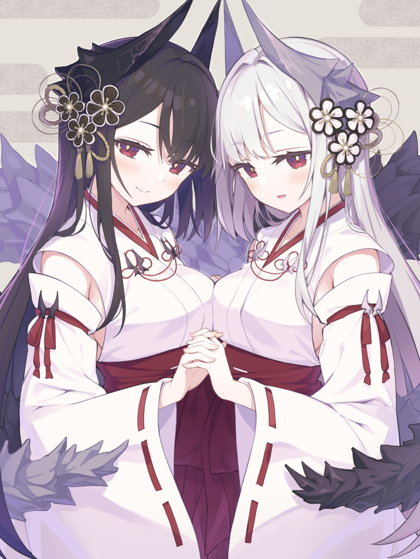 2girls asymmetrical_docking black_hair black_horns breast_press breasts closed_mouth commentary_request dragon_girl dragon_horns dragon_tail flower grey_horns hair_flower hair_ornament highres holding_hands horns interlocked_fingers japanese_clothes large_breasts long_hair looking_at_viewer miko multiple_girls open_mouth original red_eyes tail tam-u white_hair