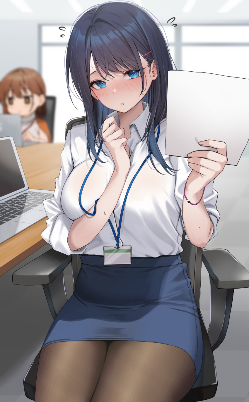 2girls absurdres black_pantyhose blue_eyes blue_hair blue_skirt blush breasts brown_hair chair collared_shirt commentary_request computer desk flying_sweatdrops hair_ornament hairclip hands_up highres holding holding_paper laptop large_breasts looking_at_viewer medium_hair multiple_girls nose_blush office office_chair office_lady ol-chan_(udon) original pantyhose paper pencil_skirt shirt shirt_tucked_in short_hair sitting skirt sleeves_rolled_up solo_focus swivel_chair udon_(udonalium) white_shirt