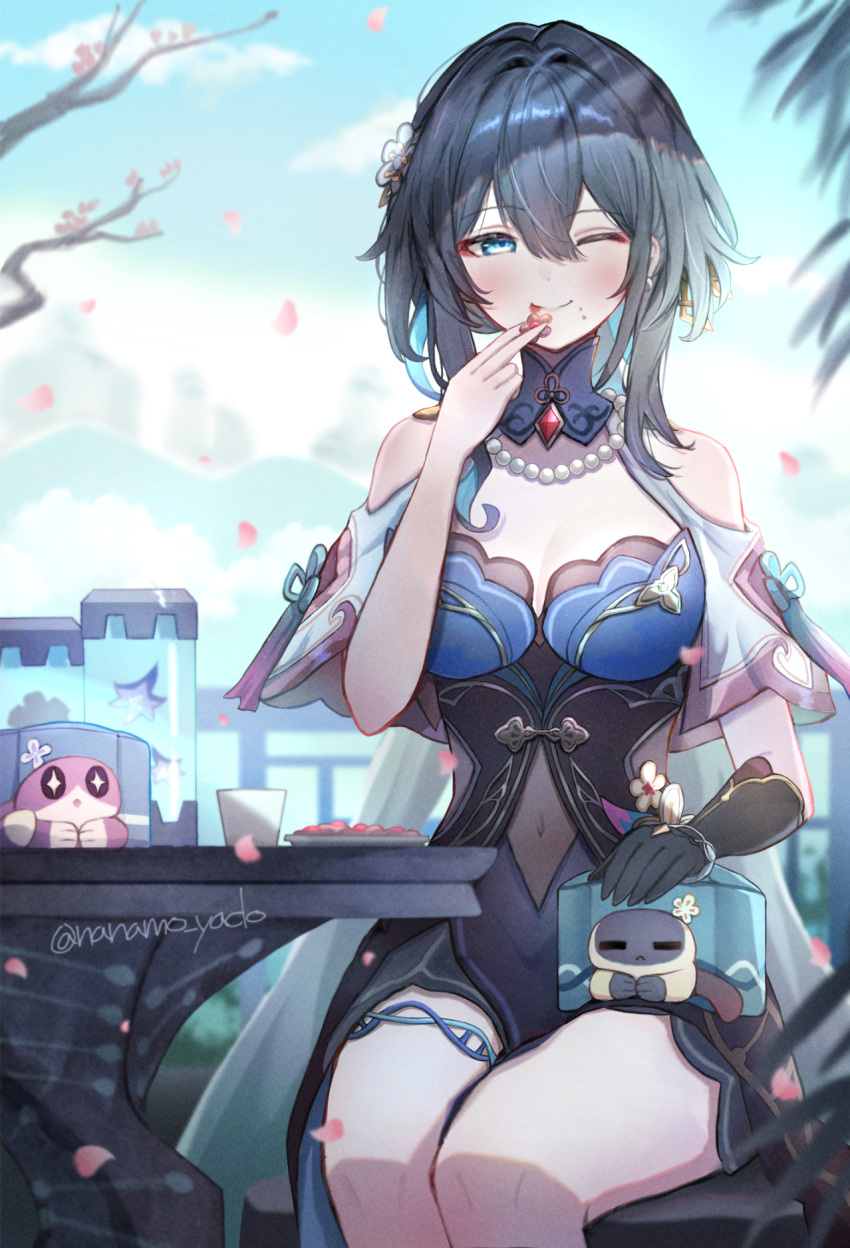 1girl ;) bare_shoulders bead_necklace beads black_hair blue_dress blue_eyes blue_sky blush brooch cat cherry_blossoms clothing_cutout cloud commentary_request covered_navel cup day dress feet_out_of_frame hand_up highres honkai:_star_rail honkai_(series) jewelry long_hair looking_at_viewer nanamo_yado necklace one_eye_closed outdoors petals ruan_mei_(honkai:_star_rail) short_sleeves shoulder_cutout sitting sky smile table thigh_strap