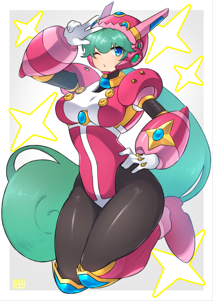 1girl arm_up black_pantyhose blue_eyes blush breasts full_body green_hair highres large_breasts looking_at_viewer marino_(mega_man) mega_man_(series) mega_man_x:_command_mission mega_man_x_(series) pantyhose parted_lips solo tobitori v