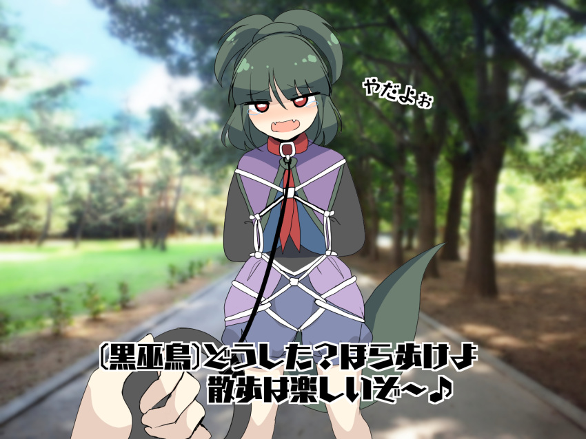 1other adagumo_no_saragimaru androgynous blue_shorts capelet chinese_commentary collar commentary_request fangs green_hair green_trim highres leash len'en medium_hair open_mouth other_focus ougi_hina photo_background pov purple_capelet red_collar red_eyes shibari shibari_over_clothes shorts skin_fangs solo_focus split_ponytail tearing_up
