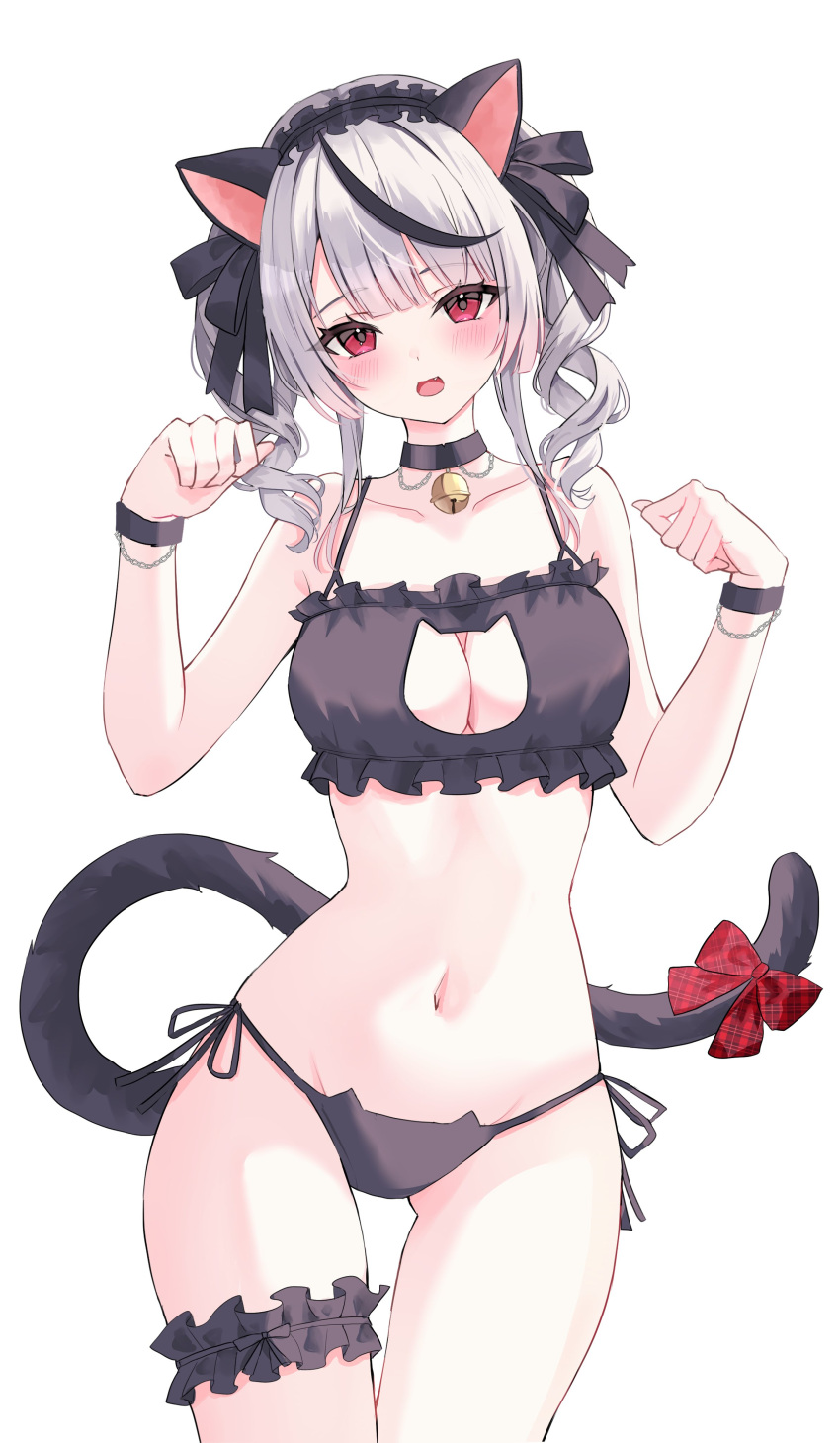 1girl absurdres ahoge animal_ear_hairband animal_ears animal_print armpit_crease bare_shoulders bell black_bow black_collar black_hair black_panties black_tail black_wrist_cuffs blush bow breasts cat_ear_hairband cat_ears cat_lingerie cat_panties cat_print cat_tail cleavage cleavage_cutout clothing_cutout collar collarbone curly_hair fake_animal_ears fang frilled_straps frills hair_bow hair_ornament hairband highres hololive holox jingle_bell large_breasts meme_attire midriff multicolored_hair navel open_mouth panties parted_bangs paw_pose print_panties red_bow red_eyes ribbon sakamata_chloe side-tie_panties sidelocks solo stomach streaked_hair suineco swept_bangs tail teeth thigh_strap thighs tongue underwear upper_teeth_only virtual_youtuber white_background white_hair wrist_cuffs