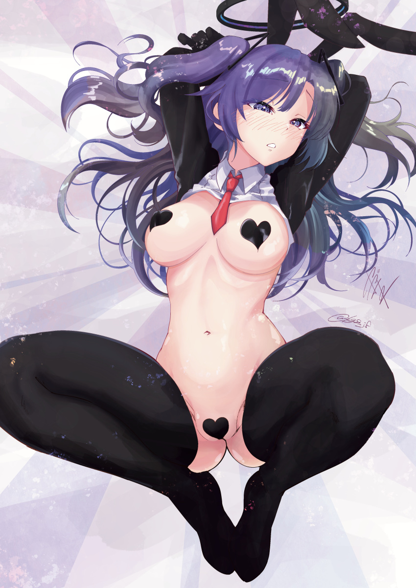 1girl absurdres animal_ears arms_behind_head ass black_pantyhose blue_archive blue_eyes blush breasts crotchless crotchless_pantyhose fake_animal_ears gradient_hair grey_hair halo heart_maebari heart_pasties highres kagazaki long_hair maebari mechanical_halo medium_breasts meme_attire multicolored_hair navel necktie nose_blush pantyhose parted_bangs parted_lips pasties purple_hair rabbit_ears red_necktie reverse_bunnysuit reverse_outfit short_necktie shrug_(clothing) signature spread_legs stomach two_side_up wing_collar yuuka_(blue_archive)