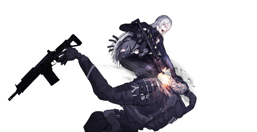 1girl absurdres ak-15 ak-15_(girls'_frontline) assault_rifle black_gloves black_pants character_request chest_rig fighting firing girls'_frontline gloves grey_hair grey_jacket gun highres holding holding_gun holding_weapon humanoid_robot jacket kalashnikov_rifle long_hair looking_at_another open_mouth pants peinlike plate_carrier pouch purple_eyes rifle robot simple_background tactical_clothes weapon weapon_request white_background