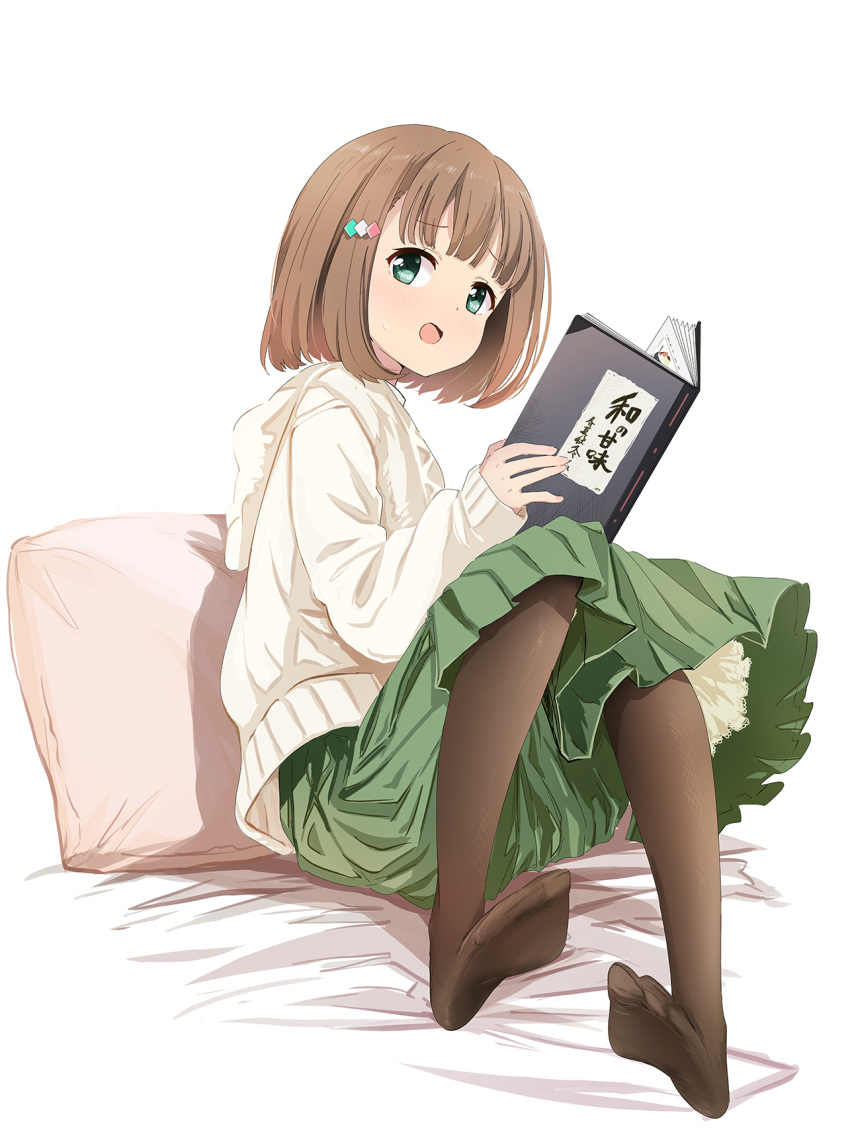 1girl abe_kanari black_pantyhose book brown_hair green_eyes green_skirt high_school_fleet highres hood hooded_sweater kinesaki_homare long_skirt pantyhose pillow pleated_skirt short_hair simple_background sitting skirt solo sweater white_background white_sweater