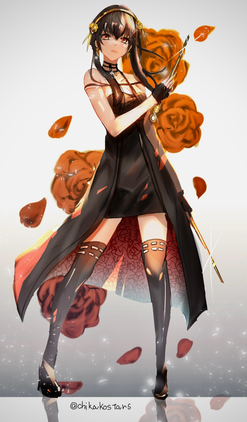 1girl absurdres black_dress black_footwear black_gloves black_hair boots breasts cleavage dagger dress fingerless_gloves flower full_body gloves gold_hairband hairband high_heel_boots high_heels highres holding holding_dagger holding_knife holding_weapon knife medium_breasts red_eyes red_flower red_rose rose solo spy_x_family standing stiletto_(weapon) thigh_boots truth_(redeye19) two-sided_fabric weapon yor_briar