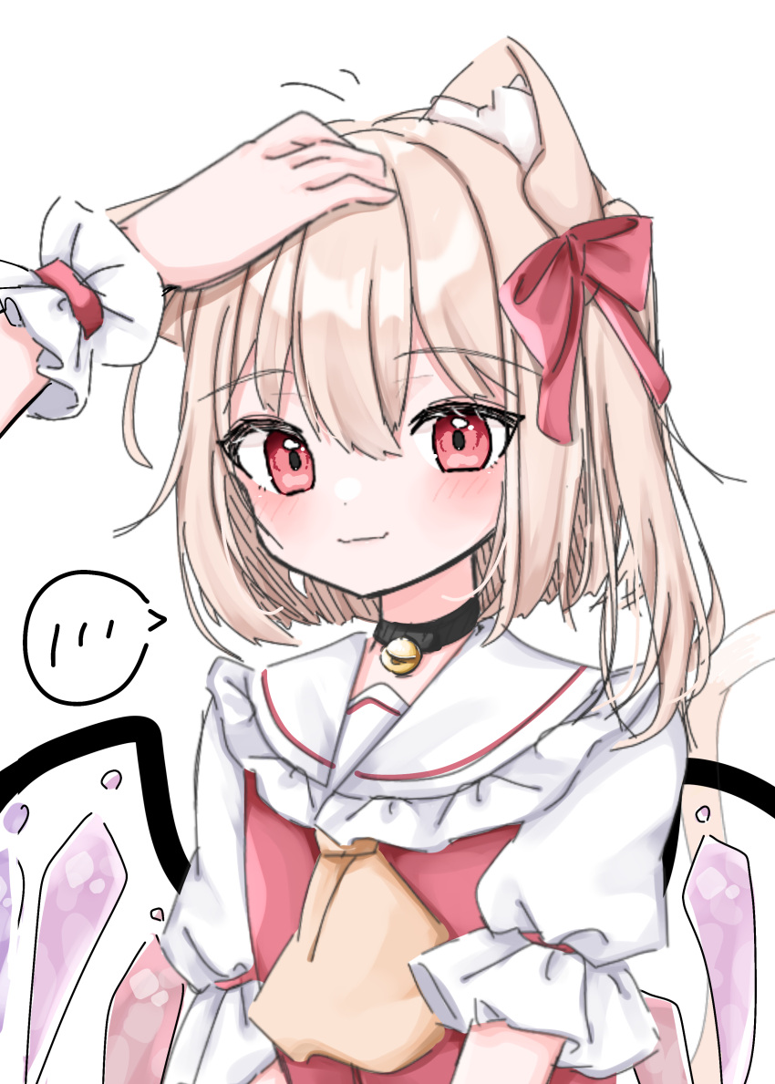 ... 1girl absurdres animal_ears ascot bell black_collar blonde_hair blush bow closed_mouth collar collared_shirt flandre_scarlet frilled_shirt_collar frills hair_between_eyes hair_bow highres jingle_bell kemonomimi_mode light_smile looking_at_viewer mea_0127 medium_hair one_side_up puffy_short_sleeves puffy_sleeves red_bow red_eyes red_ribbon red_vest ribbon shirt short_sleeves sleeve_ribbon solo_focus speech_bubble spoken_ellipsis touhou upper_body vest white_shirt wings wrist_cuffs yellow_ascot