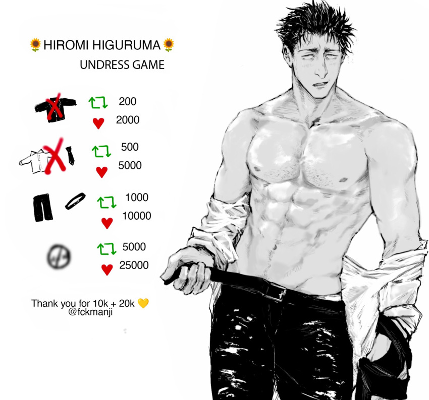 1boy averting_eyes belt belt_buckle big_nose blush buckle chest_hair english_commentary english_text fckmanji formal greyscale groin heart_emoji highres higuruma_hiromi jujutsu_kaisen large_pectorals male_focus mature_male meme monochrome open_belt pectorals sketch topless_male twitter_strip_game_(meme) twitter_username undressing wrinkled_fabric