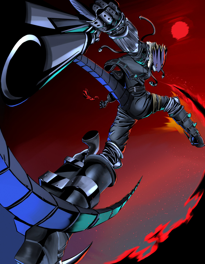 1boy absurdres ass beelzebumon black_footwear black_jacket blonde_hair boots cropped_jacket digimon digimon_(creature) eye_mask from_behind gun highres holding holding_gun holding_weapon jacket looking_back male_focus mask papipupepopth pointing_gun short_hair solo spiked_hair tail third_eye weapon