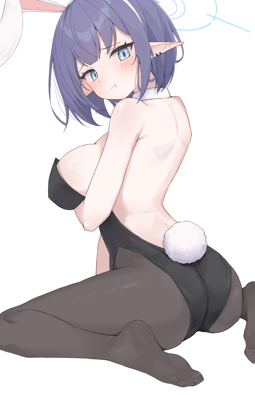 1girl animal_ears aoi_(blue_archive) ass bitseon black_leotard black_pantyhose blue_archive blue_eyes blue_hair blue_halo blush breasts closed_mouth detached_collar fake_animal_ears fake_tail halo highres large_breasts leotard looking_at_viewer mole mole_under_eye pantyhose pointy_ears rabbit_ears rabbit_tail short_hair simple_background solo strapless strapless_leotard tail white_background