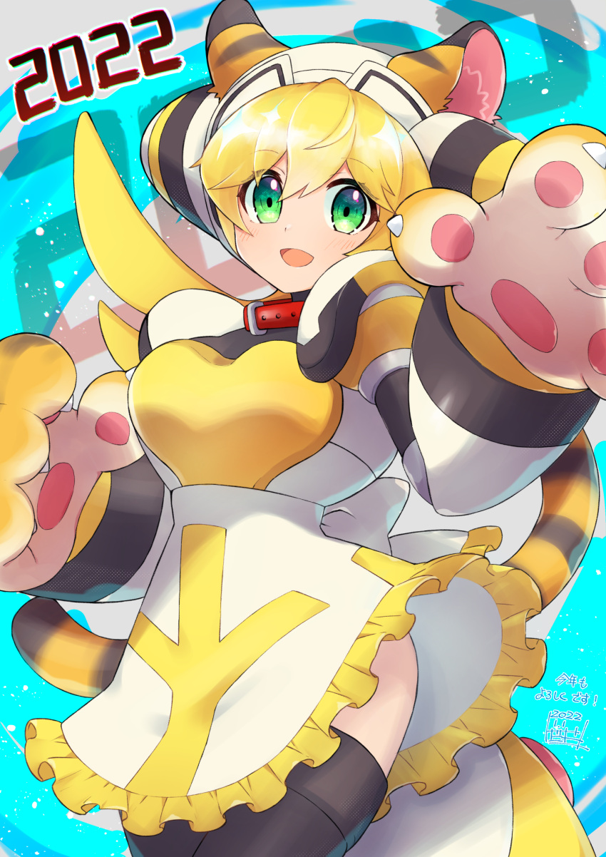 1girl 2022 animal_ears black_thighhighs blonde_hair blush breasts chinese_zodiac cinnamon_(mega_man) collar fake_animal_ears fake_tail green_eyes highres large_breasts looking_at_viewer mega_man_(series) mega_man_x:_command_mission mega_man_x_(series) mega_man_x_dive open_mouth smile solo tail thighhighs tiger_ears tiger_tail tobitori year_of_the_tiger