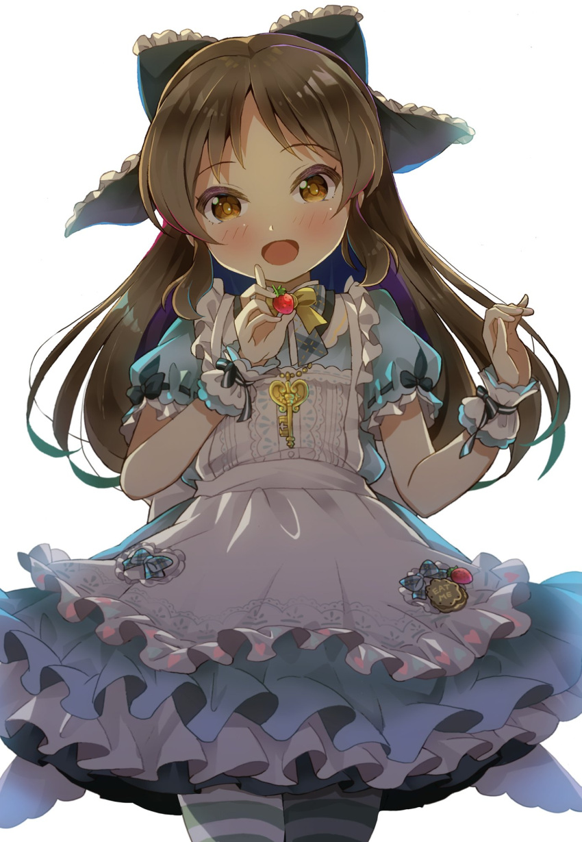 1girl apron backlighting bead_necklace beads blue_dress blue_ribbon blush bow brown_eyes brown_hair clothes_writing commentary curled_fingers dress dress_bow english_text food frilled_apron frilled_dress frilled_ribbon frilled_wrist_cuffs frills fruit hair_ribbon hands_up highres holding holding_food holding_fruit idolmaster idolmaster_cinderella_girls idolmaster_cinderella_girls_starlight_stage jewelry key key_necklace layered_dress long_hair looking_at_viewer michii_yuuki neck_ribbon necklace open_mouth plaid plaid_ribbon puffy_short_sleeves puffy_sleeves ribbon scrunchie short_sleeves simple_background sleeve_ribbon smile solo standing strawberry tachibana_arisu thighhighs waist_bow white_apron white_background white_ribbon wrist_cuffs yellow_bow