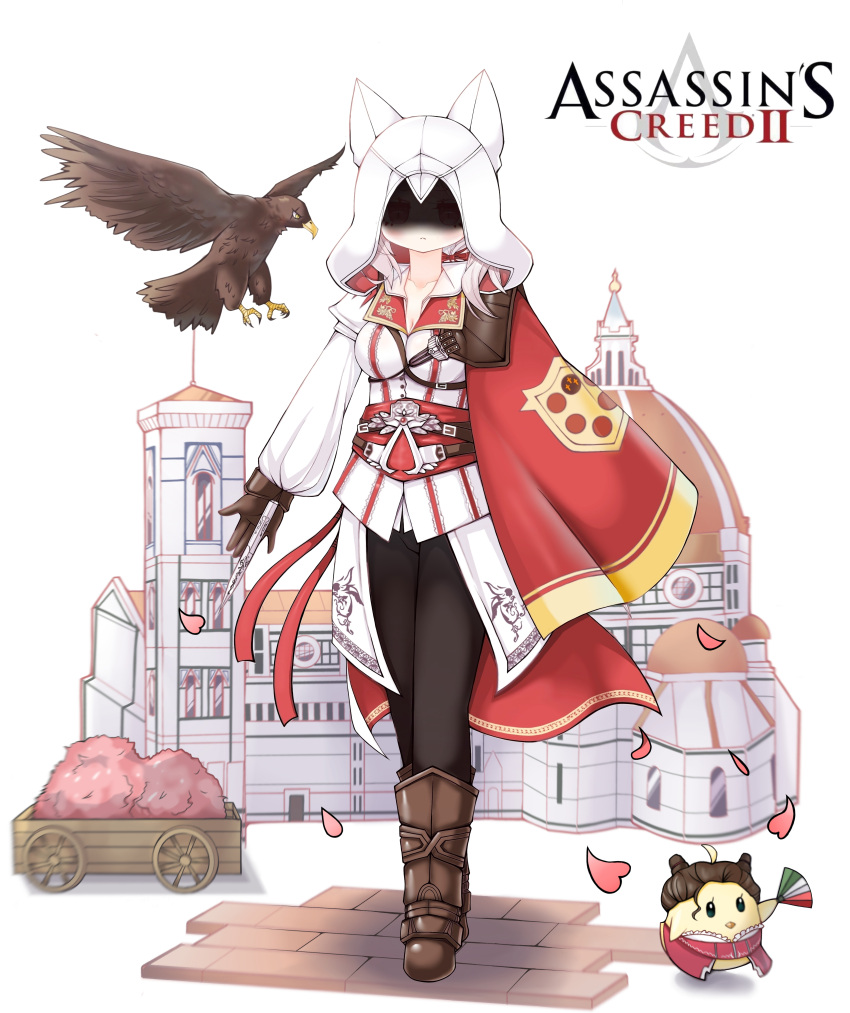 1girl absurdres alternate_costume assassin's_creed_(series) assassin's_creed_ii asymmetrical_clothes azur_lane baisen_broson bird black_pants breasts brown_gloves cosplay eagle full_body gloves highres italian_flag long_sleeves looking_at_viewer manjuu_(azur_lane) medium_breasts pants puffy_sleeves red_eyes shaded_face solo white_hair yuudachi_(azur_lane)