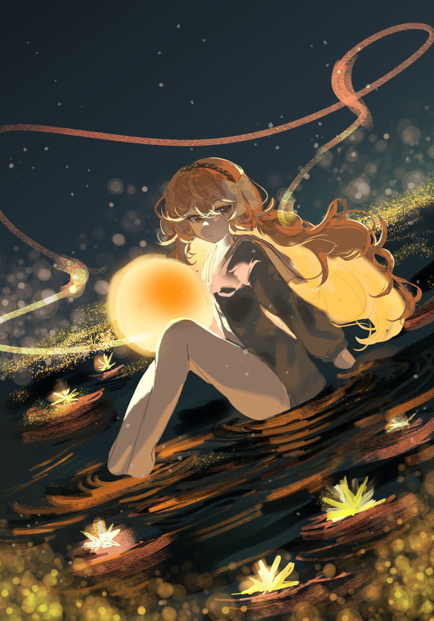 1girl absurdres bare_legs bottomless bow brown_hairband fireflies hair_bow hairband highres ishmael_(project_moon) jellying limbus_company long_hair long_sleeves looking_at_viewer mili_(band) neckerchief ocean orange_eyes orange_hair project_moon puffy_long_sleeves puffy_sleeves rope sailor_collar sitting solo star_(sky) very_long_hair water white_bow white_neckerchief white_sailor_collar