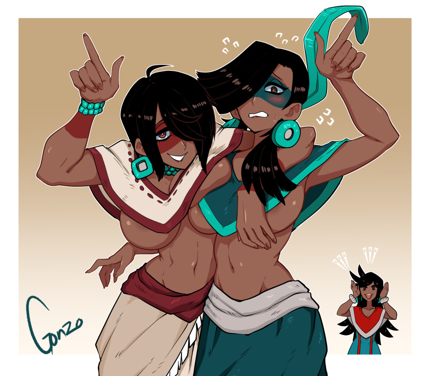 2girls 3girls absurdres angel_(kof) arms_around_back arms_around_neck arms_around_waist asymmetrical_docking aztec bio' blush bracer breast_press breasts cleavage codex_black couple crop_top crossover dark_skin facepaint gonzo_(jgonzohasbigdum) hair_over_one_eye highres horns_pose hug hug_from_behind index_fingers_raised jewelry large_breasts loincloth long_bangs looking_at_viewer mexico midriff multiple_girls mutual_hug navel open_mouth poncho short_hair signature simple_background smile snk tan the_king_of_fighters toned tribal underboob yela yuri