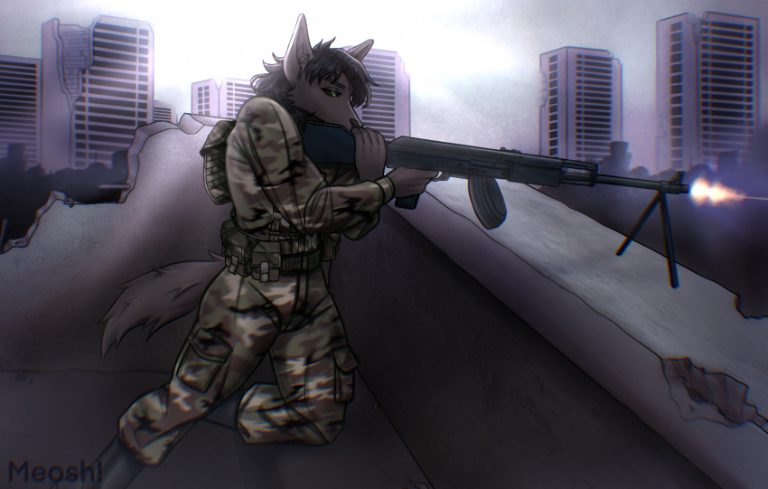 aiming anthro army army_uniform black_body canid canine canis clothed clothing detailed_background gun holding_object holding_weapon male mammal meosh military ranged_weapon rifle shooting sniper sniper_rifle soldier solo tail warrior weapon wolf