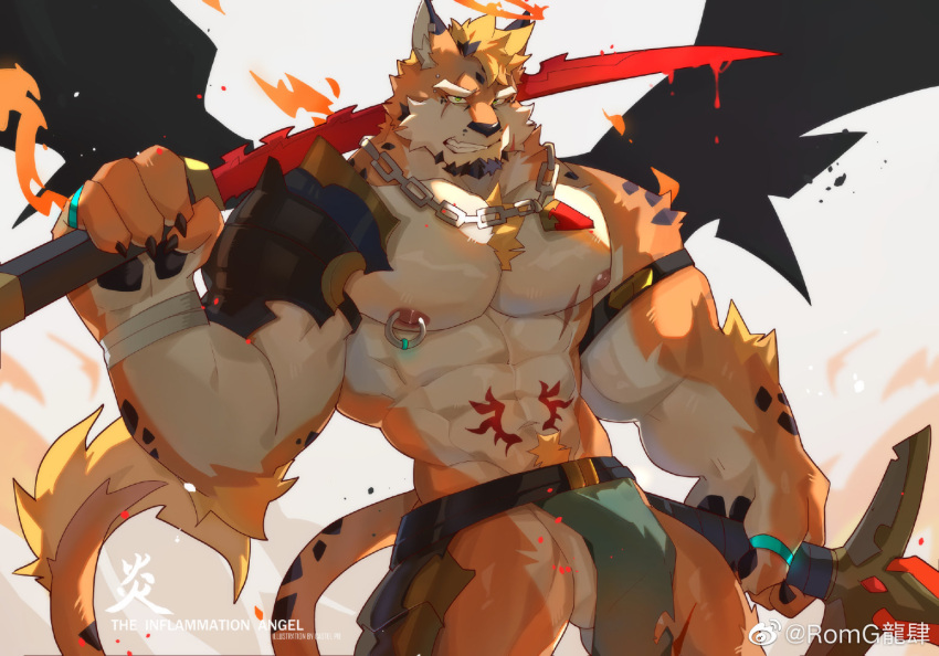 1boy abs animal_ears armor bara black_wings bulge chain_necklace cowboy_shot dual_wielding facial_hair furry furry_male goatee gyee holding holding_sword holding_weapon jaguar_boy jaguar_ears jewelry large_pectorals looking_ahead male_focus mature_male muscular muscular_male navel necklace nipples original over_shoulder pauldrons pectorals pelvic_curtain revealing_clothes romg romg_the_jaguar sanpaku second-party_source short_hair shoulder_armor single_pauldron solo stomach sword thick_eyebrows tsurime v-taper weapon weapon_over_shoulder wings