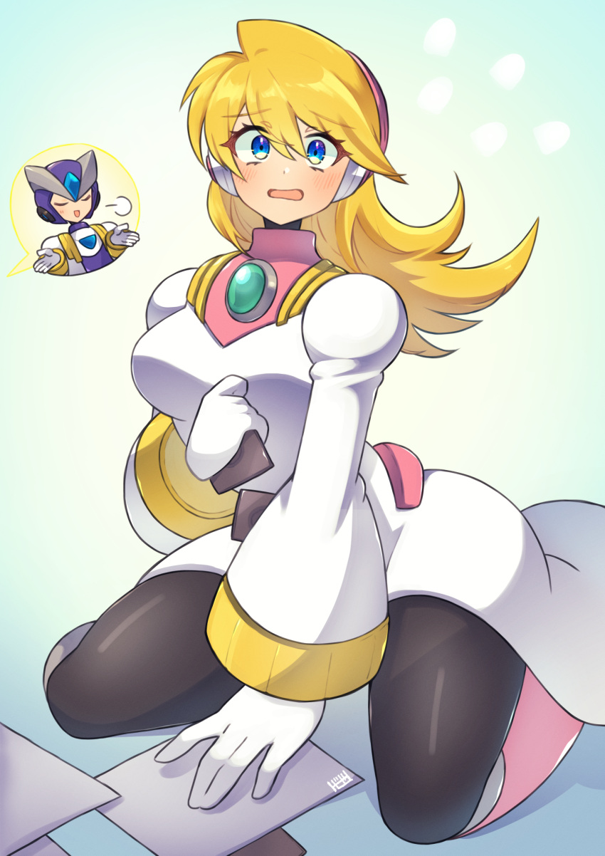 1boy 1girl alia_(mega_man) arm_support black_pantyhose blonde_hair blue_eyes blush breasts gate_(mega_man) highres large_breasts long_hair long_sleeves looking_at_viewer mega_man_(series) mega_man_x_(series) open_mouth pantyhose seiza sitting tobitori