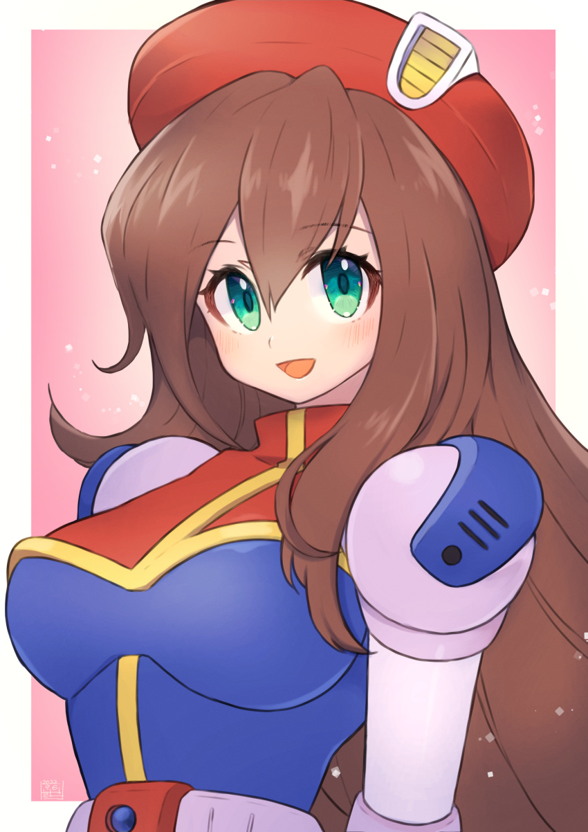 1girl android artist_name beret blush breasts brown_hair gradient_background green_eyes hat highres iris_(mega_man) joints long_hair looking_at_viewer medium_breasts mega_man_(series) mega_man_x4 mega_man_x_(series) pink_background robot_joints signature simple_background smile solo tobitori upper_body