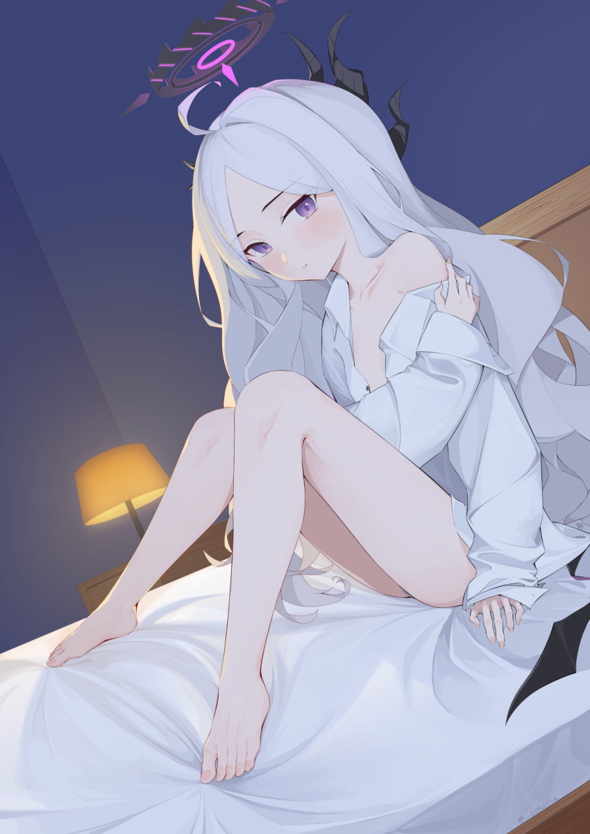 1girl ahoge alternate_costume barefoot bedroom blue_archive collarbone commentary_request demon_girl demon_horns demon_wings desk_lamp feet forehead halo highres hina_(blue_archive) horns knees_together_feet_apart knees_up lamp long_hair long_sleeves looking_at_viewer on_bed oversized_clothes oversized_shirt parted_bangs parted_lips purple_eyes shirt sidelocks sitting solo sotomie toenails toes wavy_hair white_hair white_shirt wings