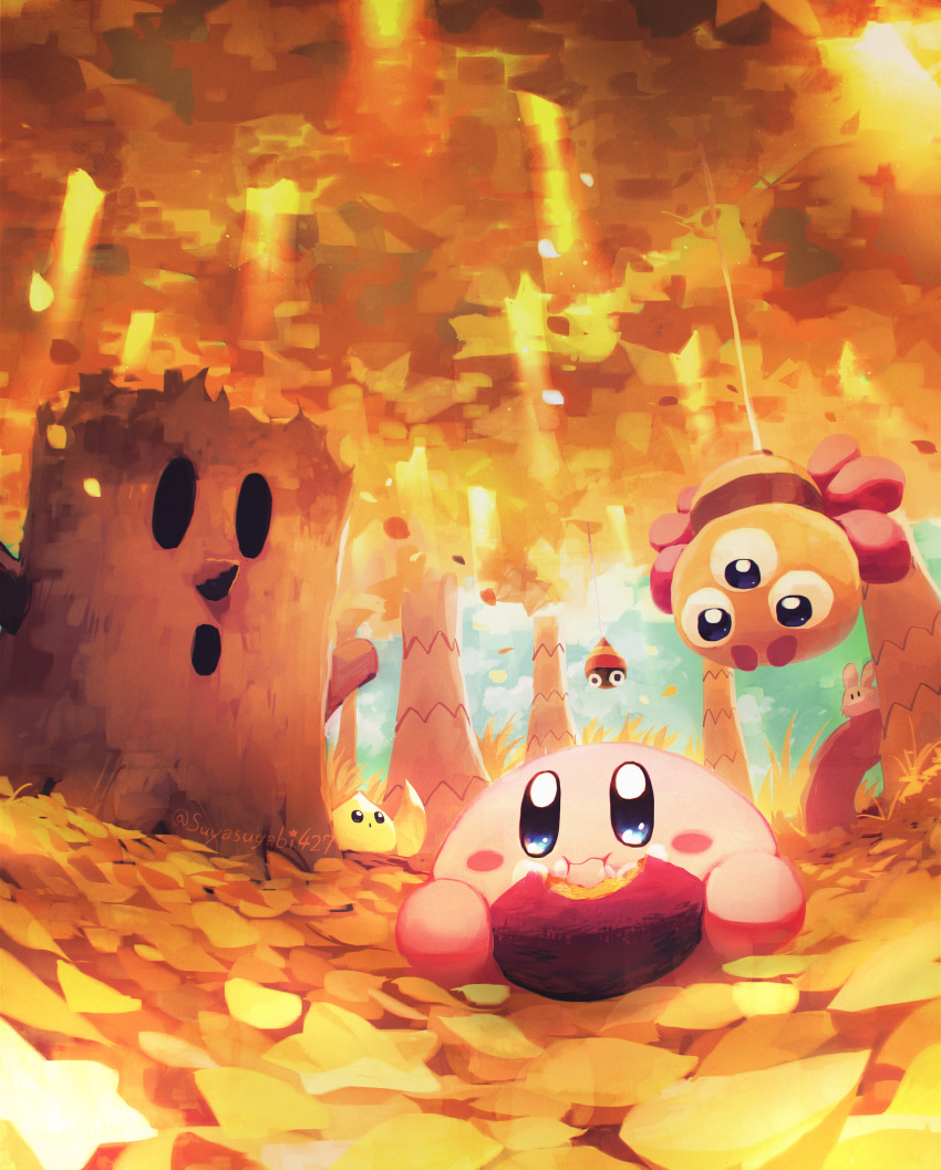:i :o absurdres artist_name autumn autumn_leaves blue_eyes blue_sky blush blush_stickers chip_(kirby) closed_mouth cloud commentary_request como_(kirby) dappled_sunlight day eating food forest grass highres holding holding_food kirby kirby_(series) leaf nature no_humans outdoors polof pupa_(kirby) roasted_sweet_potato sky star_(symbol) sunlight suyasuyabi sweet_potato tree twitter_username whispy_woods