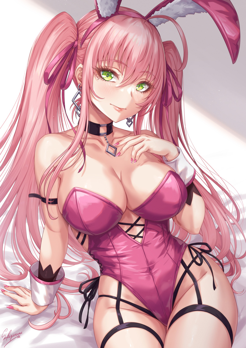 1girl animal_ears arm_strap bare_shoulders blush breasts cleavage closed_mouth collarbone earrings fake_animal_ears green_eyes highleg highleg_leotard highres jewelry large_breasts leotard long_hair looking_at_viewer nail_polish original pink_hair pink_leotard pink_nails playboy_bunny rabbit_ears sakiyamama signature solo thighs twintails