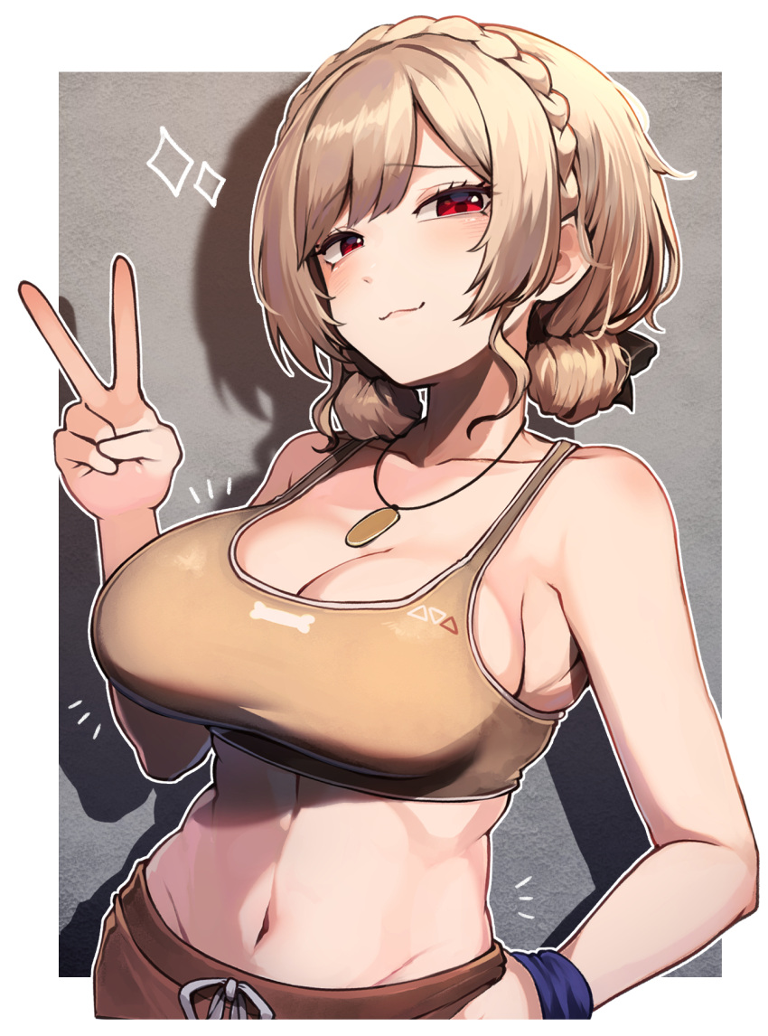 1girl :3 bare_shoulders border bow braid breasts brown_hair brown_shorts brown_sports_bra crown_braid dog_tags double_bun furen_e_lustario furen_e_lustario_(5th_costume) hair_bow hair_bun hand_on_own_hip hatyuuruinohito highres large_breasts looking_at_viewer medium_hair midriff navel nijisanji red_eyes shorts sideboob smile smug solo sparkle sports_bra stomach sweatband v virtual_youtuber white_border