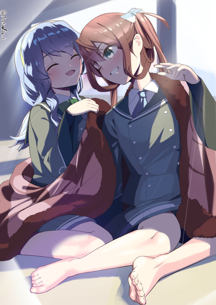 2girls asagumo_(kancolle) ascot blanket bow bowtie brown_hair closed_eyes collared_shirt commentary_request green_bow green_bowtie grey_eyes grey_hair grey_jacket grey_skirt grin hair_ribbon highres jacket kantai_collection long_hair metadio multiple_girls one_eye_closed ribbon school_uniform serafuku shirt skirt smile twintails yamagumo_(kancolle)