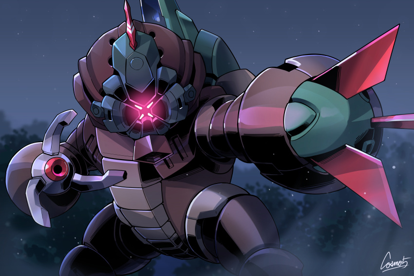 absurdres acguy claws cosmo-5 fighting_stance foreshortening gundam gundam_thunderbolt highres legs_apart mecha mobile_suit night no_humans outdoors outstretched_arm robot science_fiction signature solo standing star_(sky) tree upper_body