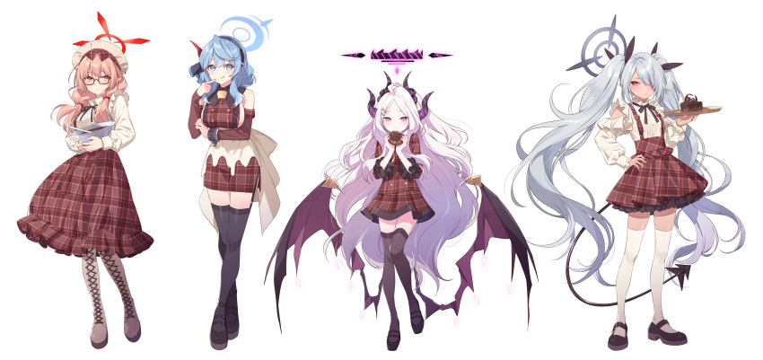 4girls absurdres ako_(blue_archive) alternate_costume black_footwear black_hairband black_horns black_thighhighs black_wings blue_archive blue_eyes blue_hair blue_halo boots breasts brown_eyes brown_footwear brown_hair brown_headwear brown_skirt chinatsu_(blue_archive) closed_mouth demon_horns demon_wings frilled_sleeves frills grey_hair hair_between_eyes hair_over_one_eye hairband halo hat hechima_(issindotai) highres hina_(blue_archive) horns iori_(blue_archive) large_breasts long_hair long_sleeves multiple_girls pointy_ears purple_eyes purple_halo red_eyes red_halo shirt shoes sideboob skirt smile thigh_boots thighhighs tongue tongue_out twintails white_shirt white_thighhighs wings