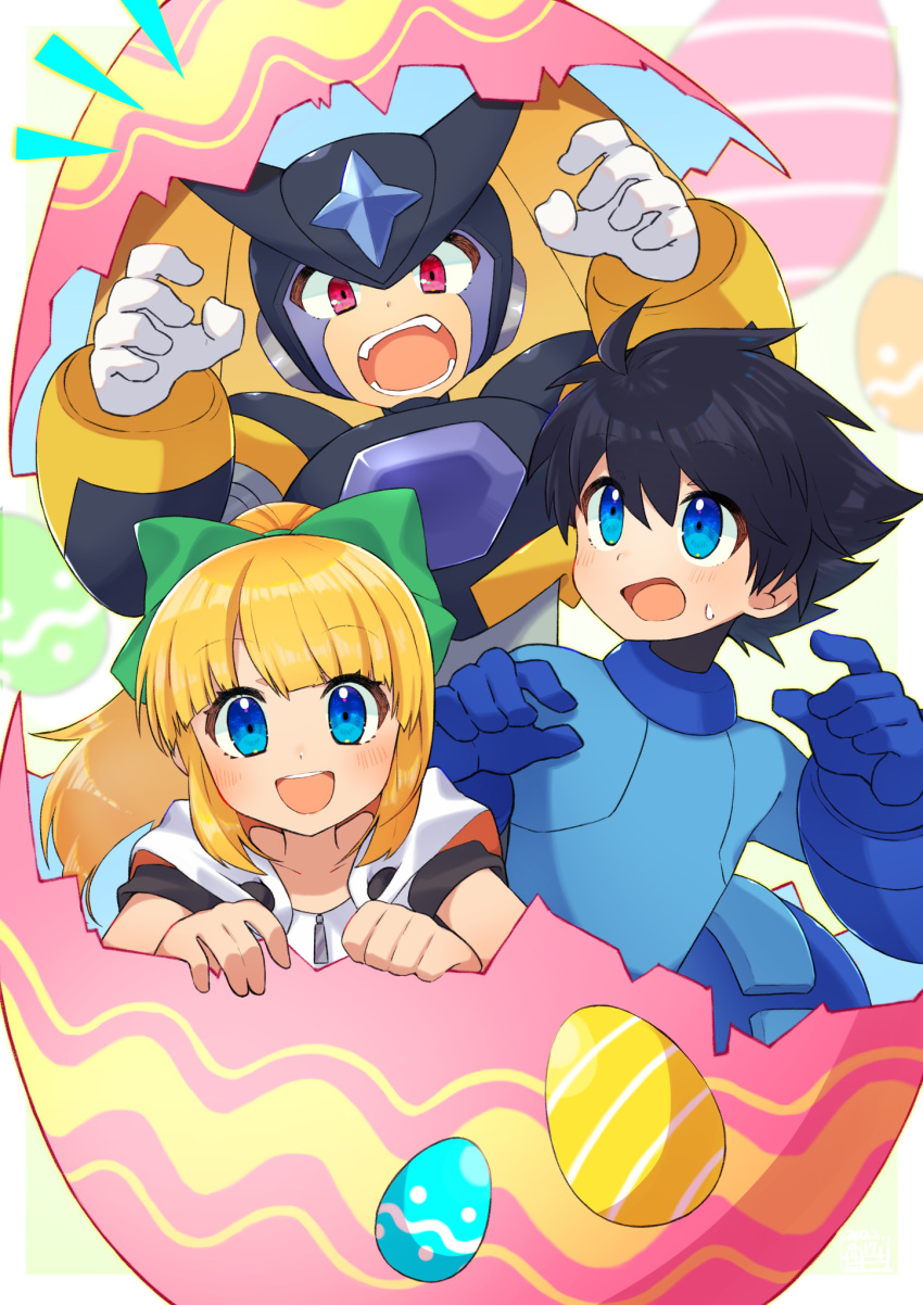 2girls bass_(mega_man) black_hair blonde_hair blue_eyes bow green_bow hair_bow highres humanoid_robot long_hair looking_at_another looking_at_viewer mega_man_(character) mega_man_(classic) mega_man_(series) multiple_girls open_mouth ponytail red_eyes robot roll_(mega_man) short_hair teeth tobitori upper_teeth_only