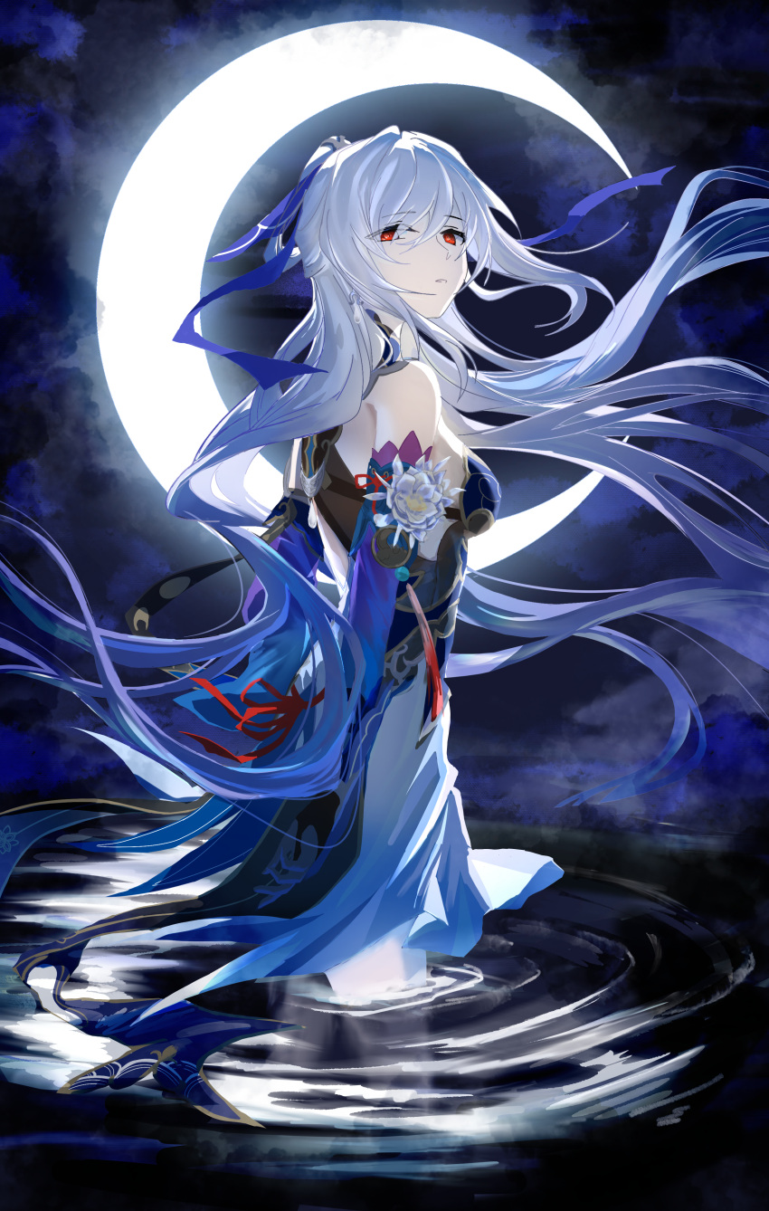 1girl absurdres arms_behind_back bare_shoulders black_gloves blue_sleeves crescent_moon detached_sleeves epiphyllum flower gloves high_ponytail highres honkai:_star_rail honkai_(series) huge_moon jingliu_(honkai:_star_rail) long_hair looking_at_viewer moon night night_sky partially_submerged red_eyes red_tassel skirt sky solo water white_flower white_hair white_skirt yan_miao