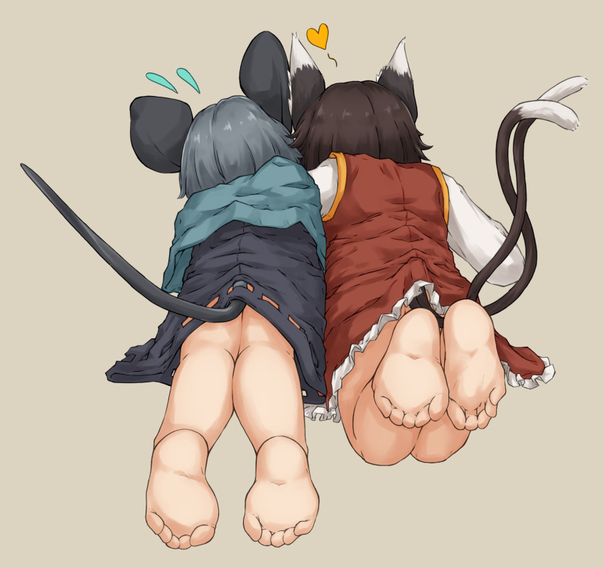 2girls animal_ears bare_legs barefoot black_dress brown_hair capelet cat_ears cat_tail chagamaka chen dress feet feet_up flying_sweatdrops foot_focus frills from_behind grey_background grey_hair heart highres long_sleeves lying mouse_ears mouse_tail multiple_girls multiple_tails nazrin nekomata no_headwear on_stomach petite petticoat red_dress short_hair side-by-side simple_background soles tail touhou two_tails