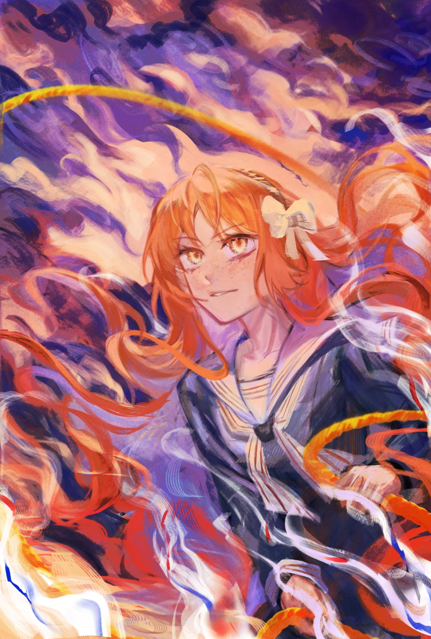 1girl black_shorts bow brown_hairband cloud determined e.g.o_(project_moon) freckles hair_bow hairband highres holding holding_rope huanxue ishmael_(project_moon) limbus_company long_hair long_sleeves neckerchief orange_eyes orange_hair parted_lips project_moon rope sailor_collar shorts solo upper_body very_long_hair white_bow white_neckerchief white_sailor_collar