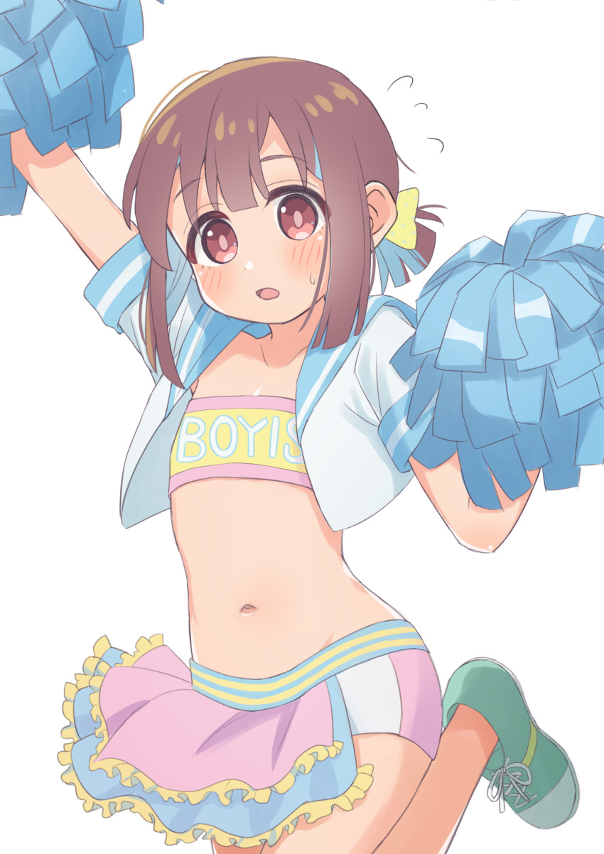 1girl :o arm_up bandeau blue_hair blue_sailor_collar blunt_bangs blunt_ends blush brown_eyes brown_hair cheerleader clothes_writing commentary cropped_shirt flat_chest flying_sweatdrops frills green_footwear highres holding holding_pom_poms hozuki_momiji looking_at_viewer midriff multicolored_hair navel non105 official_alternate_costume onii-chan_wa_oshimai! open_clothes open_mouth open_shirt pom_pom_(cheerleading) sailor_collar sailor_shirt shirt shoes short_hair short_ponytail short_shorts short_sleeves shorts simple_background solo two-tone_hair white_background white_shirt
