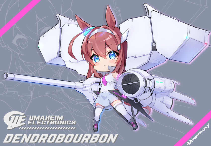 1girl absurdres ahoge animal_ears blue_eyes brown_hair chibi dendrobium_schema grey_background grey_skirt gundam gundam_0083 hairband highleg highleg_leotard highres horse_ears horse_girl horse_tail leotard mecha_musume mihono_bourbon_(umamusume) miniskirt necktie peteron pink_necktie skirt solo tail thighhighs umamusume white_hairband white_leotard white_thighhighs