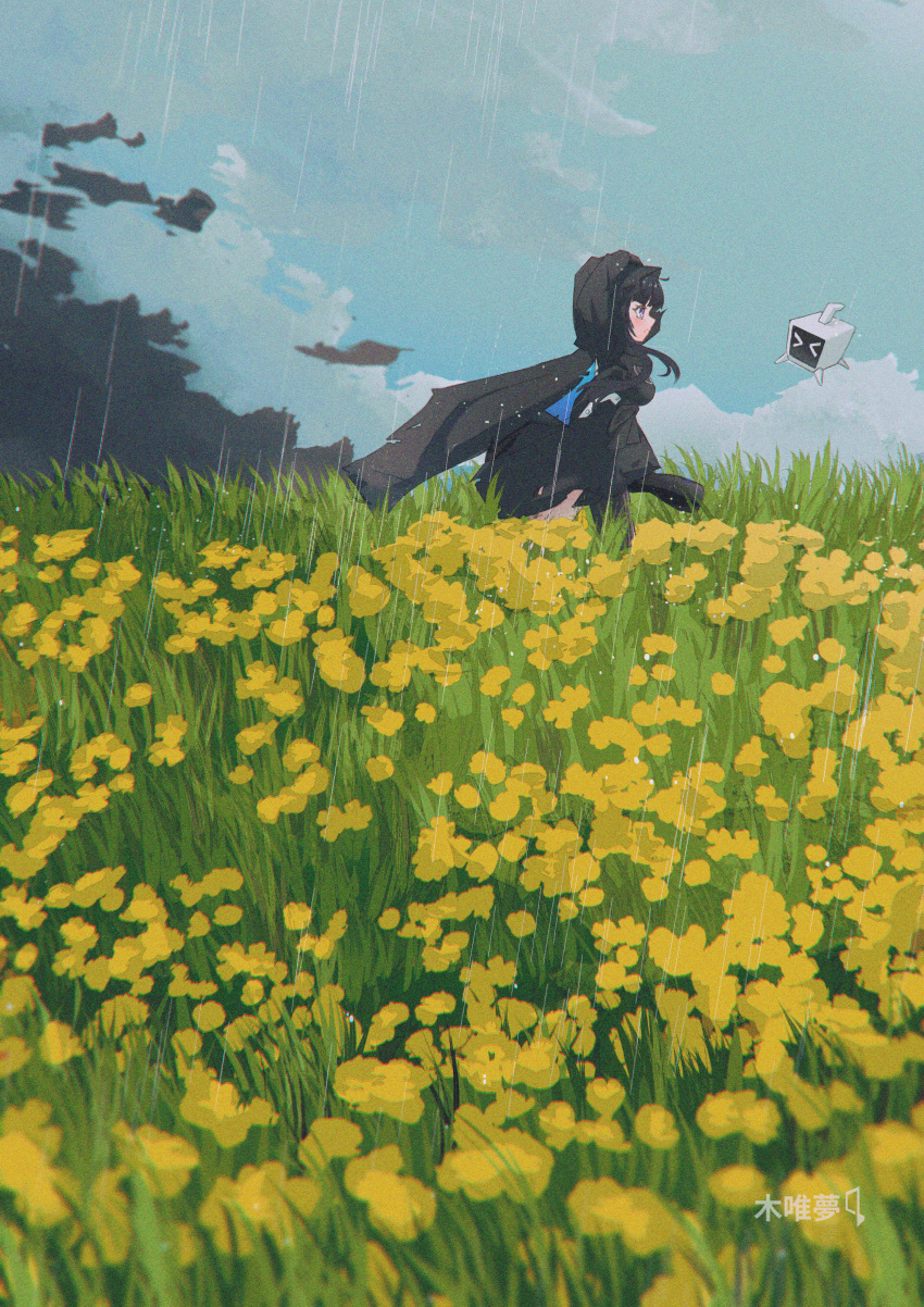 1girl 1other absurdres black_dress black_hair blue_eyes blue_hair colored_inner_hair dress field flower flower_field highres long_hair multicolored_hair non-humanoid_robot punishing:_gray_raven puyuyan rain raincoat robot selena:_tempest_(punishing:_gray_raven) selena_(punishing:_gray_raven) yellow_flower