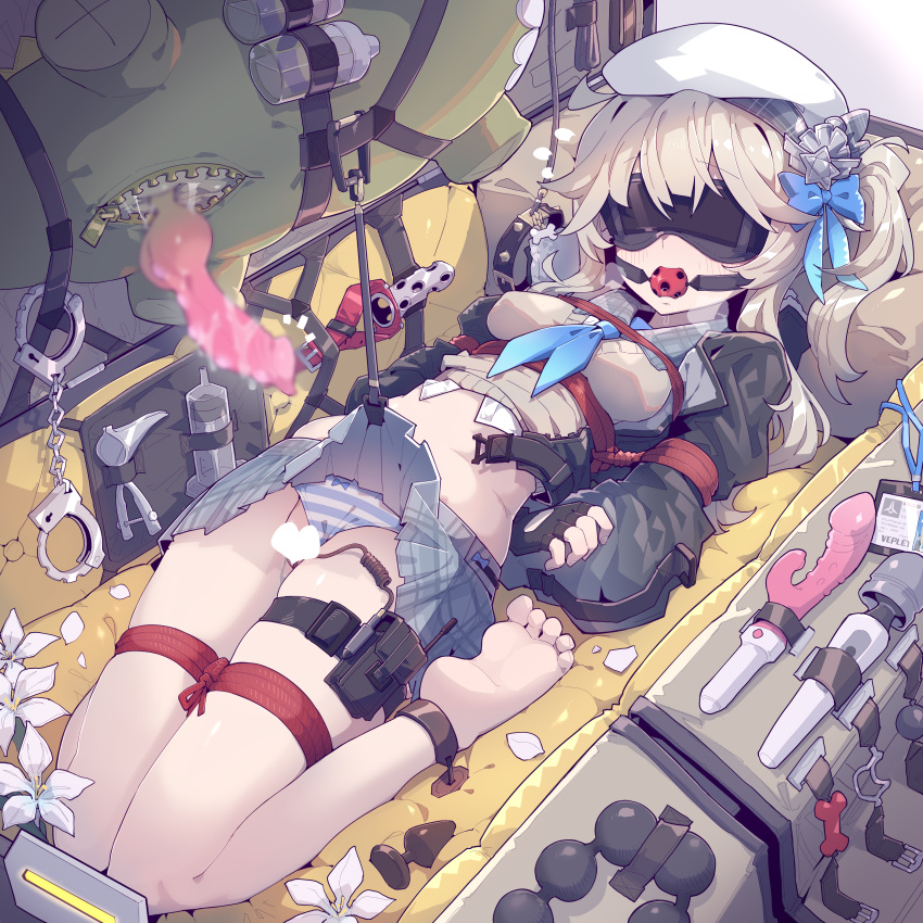 1girl absurdres animal_penis arms_behind_back ball_gag barefoot black_blindfold blindfold blue_neckerchief bound breasts character_request commentary_request dildo full_body gag gagged girls'_frontline grey_hair grey_skirt highres hitachi_magic_wand imazawa knotted_penis long_hair lying medium_breasts miniskirt navel neckerchief on_back open_mouth paid_reward_available penis plaid plaid_skirt pleated_skirt restrained sex_toy side_ponytail skirt soles solo toes variant_set vibrator wavy_mouth white_headwear