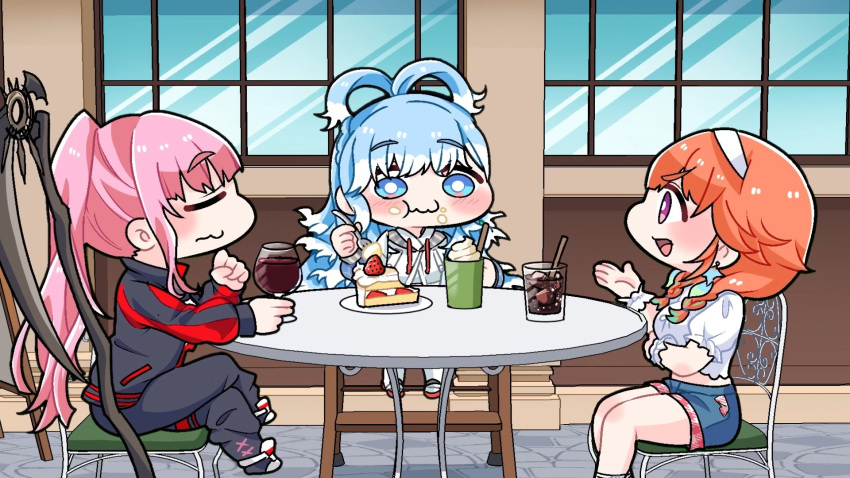 3girls ahoge blue_eyes blue_hair braid breasts cake cake_slice chibi closed_eyes crop_top cup drinking_glass earrings eating family father_and_son feather_earrings feathers food fork hairband highres holding hololive hololive_english hololive_indonesia jacket jewelry kobo_kanaeru kobo_kanaeru_(1st_costume) komainu_channel long_hair midriff mori_calliope mori_calliope_(streetwear) mother_and_daughter multicolored_clothes multicolored_hair multicolored_jacket multiple_girls navel official_alternate_costume open_mouth pants pink_hair ponytail red_jacket shirt sitting skirt smile strawberry_shortcake streaked_hair sweatpants takanashi_kiara takanashi_kiara_(casual) two-tone_hair two-tone_jacket virtual_youtuber white_hairband wine_glass