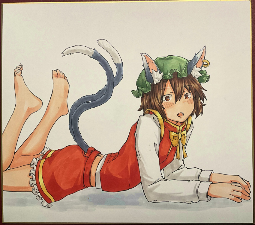 1girl absurdres animal_ear_fluff animal_ear_piercing animal_ears bare_legs barefoot blush bow bowtie breasts brown_eyes brown_hair cat_ears cat_tail chagamaka chen double-parted_bangs earrings fang feet feet_up frills from_side gold_trim green_headwear hair_between_eyes hat highres jewelry long_sleeves looking_at_viewer lying midriff mob_cap multiple_tails nekomata on_stomach open_mouth petticoat red_skirt red_vest short_hair simple_background single_earring skin_fang skirt skirt_set small_breasts soles solo tail tail_through_clothes toes touhou traditional_media two_tails vest white_background yellow_bow yellow_bowtie