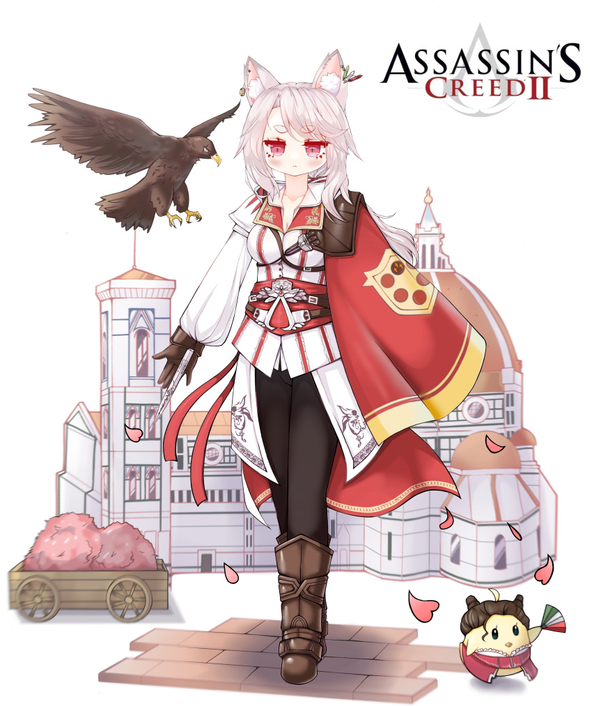 1girl absurdres alternate_costume animal_ear_fluff assassin's_creed_(series) assassin's_creed_ii asymmetrical_clothes azur_lane baisen_broson bird black_pants breasts brown_gloves cosplay eagle full_body gloves highres italian_flag long_sleeves looking_at_viewer manjuu_(azur_lane) medium_breasts pants puffy_sleeves red_eyes solo white_hair yuudachi_(azur_lane)