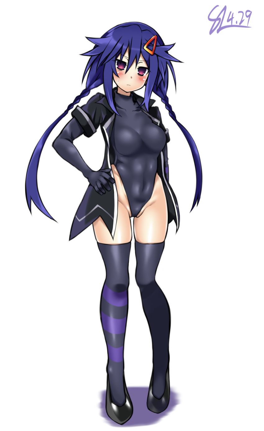 1girl ankokuboshi_kurome arm_behind_back asymmetrical_legwear black_leotard black_shirt blue_eyes blue_hair blush braid breasts covered_navel embarrassed frown full_body gradient_eyes hair_between_eyes hand_on_own_hip highres hip_focus kurozero leotard long_hair looking_at_viewer looking_down medium_breasts mismatched_legwear multicolored_eyes neptune_(series) no_pants open_clothes open_shirt purple_eyes shin_jigen_game_neptune_vii shirt solo standing striped_clothes striped_thighhighs thighhighs twin_braids twintails very_long_hair