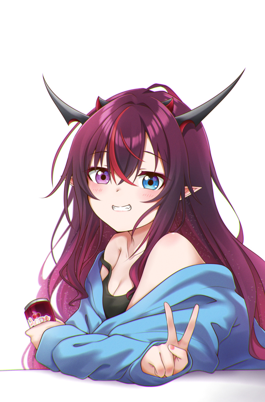 1girl absurdres blue_eyes blush breasts can cleavage crossed_arms drink_can gradient_hair grin hair_between_eyes heterochromia highres holding holding_can hololive hololive_english horns irys_(hololive) jan_azure long_hair looking_at_viewer medium_breasts multicolored_hair multiple_horns off_shoulder pink_nails pointy_ears purple_eyes red_hair simple_background smile soda_can solo streaked_hair tank_top v very_long_hair virtual_youtuber white_background