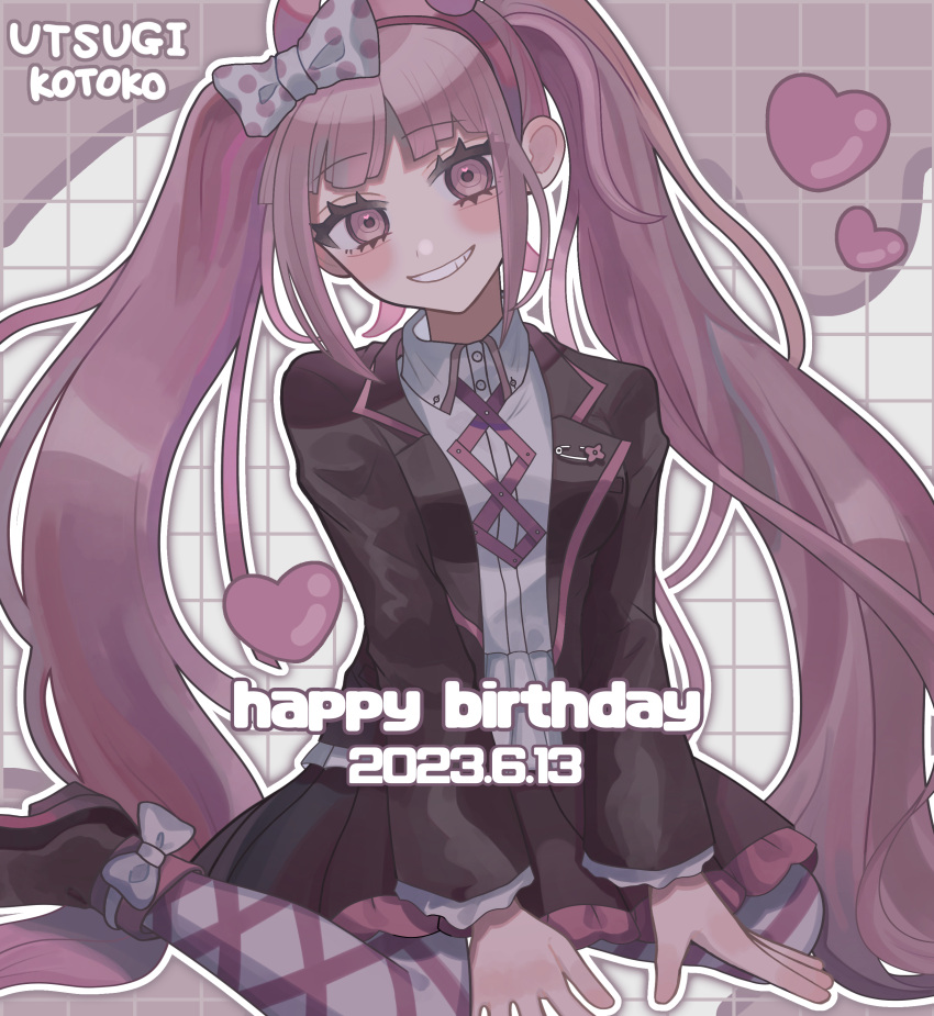 1girl absurdres blush bow character_name collared_shirt danganronpa_(series) danganronpa_another_episode:_ultra_despair_girls dated fake_horns grin hair_bow hairband happy_birthday heart highres horns jacket long_hair long_sleeves looking_at_viewer michi_(michiisidayo) open_clothes open_jacket outline pink_eyes pink_hair polka_dot polka_dot_bow shirt shoes skirt smile solo teeth twintails utsugi_kotoko white_outline