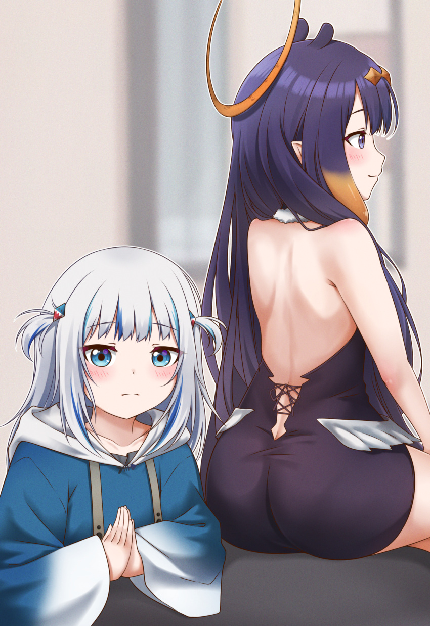 2girls absurdres ass back back_focus backless_outfit bare_arms bare_back bare_shoulders blue_eyes blue_hair blue_hoodie blurry blurry_background blush butt_crack closed_mouth collarbone dress from_behind gawr_gura grand_prix_richmond_crackstyle_(meme) grey_hair hair_ornament halo highres hololive hololive_english hood hood_down hoodie ina's_back_(meme) jan_azure long_hair long_sleeves looking_at_viewer looking_to_the_side median_furrow meme multicolored_hair multiple_girls ninomae_ina'nis ninomae_ina'nis_(1st_costume) own_hands_together photo-referenced pointy_ears praying purple_dress purple_hair sidelocks sitting smile strapless strapless_dress streaked_hair tube_dress two_side_up virtual_youtuber wide_sleeves wings